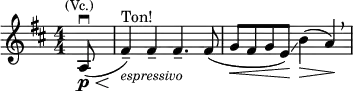 \relative c' { \clef treble \key d \major \numericTimeSignature \time 4/4 \partial 8*1 \once \override Hairpin.minimum-length = #5 a8\p\<(\downbow^\markup{\center-align \smaller (Vc.)} fis'4--)\!^\markup "Ton!"_\markup \italic \smaller espressivo fis-- fis4.-- fis8( | g\< fis g e)\!\glissando b'4(\> a)\!\breathe }