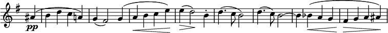 \relative c' \new Staff \with { \remove "Time_signature_engraver" } {
\key e \minor \time 4/4 \partial 4
ais'4\pp( b d c a!) g( fis2) g4( a\< b c e\!) e\>( d2\!) b4-. d4.( c8 b2) d4.( c8) b2~ b4 bes\<( a g fis\> g a ais\!) }