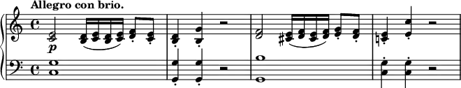 
 \relative c' {
  \new PianoStaff <<
   \new Staff { \key c \major \time 4/4 \tempo "Allegro con brio."
    <e c>2 <d b>16( <e c> <d b> <e c>) <f d>8-. <e c>-. <d b>4-. <g b,>-. r2
    <f d>2 <e cis>16( <f d> <e cis> <f d>) <g e>8-. <f d>-. <e c!>4-. <c' e,>-. r2
   }
   \new Dynamics {
    s2\p
   }
   \new Staff { \key c \major \time 4/4 \clef bass
    <g, c,>1 <g g,>4-. <g g,>-. r2 <b g,>1 <g c,>4-. <g c,>-. r2
   }
  >>
 }
