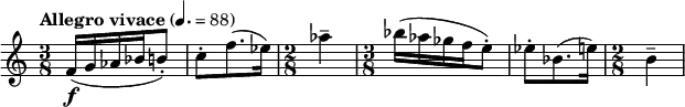 { \key c \major \tempo "Allegro vivace" 4.=88 \time 3/8 \relative c'
{
\f f16 (g as bes b8-.) c-. f8. (es16) \time 2/8 as4-- \time 3/8 bes16 (as ges f e8-.) es-. bes8. (e16) \time 2/8 b4--}
}