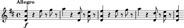 \relative c'' {
\tempo "Allegro"
\key d \major
<fis a, d,>4\f r fis8 r g r |
a4 r <d, d,>8 r <e a,> r |
<fis a, d,>4 r fis8 r g r |
a4 r <d, d,>8 r <e a,> r |
<fis a, d,>4
}