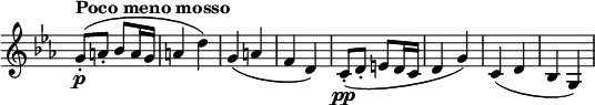 \relative c'' \new Staff \with { \remove "Time_signature_engraver" } {
\key es \major \time 2/4 \set Score.tempoHideNote = ##t \tempo "Poco meno mosso" 4=126
g8-.\p ( a-. bes a16 g a4 d) g,( a f d) c8-.\pp ( d-. e d16 c d4 g) c,( d bes g)
}