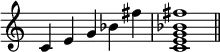 {\omit Staff.TimeSignature \time 5/4 c'4e'g'bes'fis'' \time 4/4 <c'e'g'bes'fis''>1 \bar "||"}