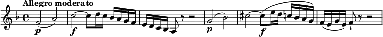 \relative c'' {
\version "2.18.2"
\key f \major
\tempo "Allegro moderato"
\tempo 4 = 130
\time 4/4
f,2\p (a)
c2\f ~ c8 d16 c bes a g f e d c bes a8 r r2
g'2\p (bes)
cis2 ~ cis8\f (e16 d c bes a g)
f (e g e) f8-! r r2
}