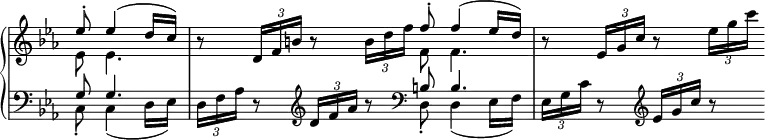 \relative c'' {
\new PianoStaff <<
\new Staff \with { \remove "Time_signature_engraver" } {
\key c \minor \time 2/2 \set Score.tempoHideNote = ##t
\tempo "" 4=112 \partial 2
<< { es8-. es4( d16 c) } \\ { es,8 es4. } >>
r8 \times 2/3 { d16 f b } r8 \times 2/3 { b16 d f }
<< { f8-. f4( es16 d) } \\ { f,8 f4. } >>
r8 \times 2/3 { es16 g c } r8 \times 2/3 { es16 g c }
}
\new Staff \with { \remove "Time_signature_engraver" } {
\key c \minor \time 2/2 \clef bass
<< { g,,8 g4. } \\ { c,8-. c4( d16 es) } >>
\times 2/3 { d16 f aes } r8 \clef treble \times 2/3 { d16 f aes } r8 \clef bass
<< { b, b4. } \\ { d,8-. d4( es16 f) } >>
\times 2/3 { es16 g c } r8 \clef treble \times 2/3 { es16 g c } r8
}
>>
}