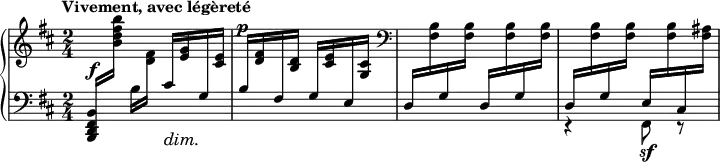 
\relative c' {
 \new PianoStaff <<
  \new Staff = "up" {
   \override DynamicLineSpanner #'staff-padding = #3.0
   \key b \minor \time 2/4 \tempo "Vivement, avec légèreté"
    \change Staff = "down" <b, fis d b>16^\f[  \change Staff = "up"   <b''' fis d b>]
    \change Staff = "down" b,,[                \change Staff = "up"   <fis' d>]
    \change Staff = "down" cis\dim[            \change Staff = "up"   <g' e>\!
    \change Staff = "down" g,                  \change Staff = "up"   <e' cis>]
    \change Staff = "down" b^\p                \change Staff = "up"   <fis' d>
    \change Staff = "down" fis,                \change Staff = "up"   <d' b>]
    \change Staff = "down" g,                  \change Staff = "up"   <e' cis>]
    \change Staff = "down" e,                  \change Staff = "up"   <cis' g>]
    \clef bass
    \change Staff = "down" d,                  \change Staff = "up"   <b' fis>
    \change Staff = "down" g                   \change Staff = "up"   <b fis>
    \change Staff = "down" d,                  \change Staff = "up"   <b' fis>
    \change Staff = "down" g                   \change Staff = "up"   <b fis>
    \change Staff = "down" d,                  \change Staff = "up"   <b' fis>
    \change Staff = "down" g                   \change Staff = "up"   <b fis>
    \change Staff = "down" e,                  \change Staff = "up"   <b' fis>
    \change Staff = "down" cis,                \change Staff = "up"   <ais' fis>
     }
   \new Staff = "down" {
    \key b \minor \time 2/4 \clef bass
     \voiceTwo s1 s2 r4 fis,8\sf r 
  }
 >>
}
