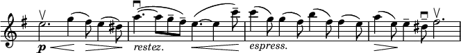 \relative c' \new Staff \with { \remove "Time_signature_engraver" } {
\key e \minor \time 12/8
e'2.\p \upbow \< g4\!( fis8\>) e4( dis8\!) a'4.~\downbow _\markup \italic restez. ( a8 g-- fis--) e4.~\< ( e4 c'8--\!)
c4_\markup \italic espress. ( g8) g4( fis8) b4( fis8) fis4( e8) a4\>( e8\!) e4-- dis8--\downbow fis2.\upbow
}