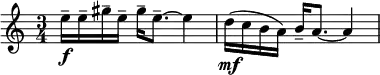 \relative c'' { \new Staff { \key a \minor \time 3/4 \numericTimeSignature
e16-\f-- e-- gis-- e-- gis16-- e8.--~e4 |
d16-\mf( c b a) b16-- a8.~a4 |}}