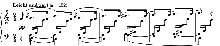 \new PianoStaff \with {\override StaffGrouper.staff-staff-spacing = #'( (basic-distance . 4) (padding . 4) )}
<<
\new Staff = "up" \relative c'' {\time 2/4 \tempo "Leicht und zart" 4=132 \partial 4. \slurUp \stemUp \shape #'((0 . 1.5) (0 . 0) (0 . 0) (0 . 1.5)) Slur g16*2( \slashedGrace b8 a8. g16 c8.) \shape #'((0 . 1.5) (0 . 0) (0 . 0) (0 . 1.5)) Slur g16( \slashedGrace b8 a8. g16 c8.) c16( cis8.) cis16( d8.) d16( e8.) e16( f8) r16 s16}
\new Dynamics {s16*2\pp}
\new Staff = "down" \relative c {\clef bass \time 2/4 r16*2 <<
\relative c'{g16 b \change Staff = "up" \once \stemDown f'8 \change Staff = "down" g,16 c \once \change Staff = "up" \once \stemDown e8
\change Staff = "down" g,16 b \change Staff = "up" \once \stemDown f'8 \change Staff = "down" g,16 c \once \change Staff = "up" \once \stemDown e8
\change Staff = "down" a,16 cis \change Staff = "up" \once \stemDown e8 \change Staff = "down" a,16 d \once \change Staff = "up" \once \stemDown f8
\change Staff = "down" a,16 cis \change Staff = "up" \once \stemDown g'8 \change Staff = "down" a,16 d \once \change Staff = "up" \once \stemDown f8 }
\\
\relative c'{\stemDown \shape #'((1.2 . 0.5) (0 . 0) (0 . 0) (0 . 0)) Tie g4~ g \shape #'((1.2 . 0.5) (0 . 0) (0 . 0) (0 . 0)) Tie g~ g \shape #'((2.0 . 0.2) (0.4 . 0) (0 . 0) (0 . 0)) Tie a~ a \shape #'((1.0 . 0.5) (0 . 0) (0 . 0) (0 . 0)) Tie a~ a}
\\
\relative c {\slurDown \stemDown \override NoteColumn.force-hshift = #0.4 d4( c) d( c) \override NoteColumn.force-hshift = #1.0 g'( \override NoteColumn.force-hshift = #0.4 f e d)} >>
}
>>
