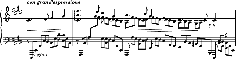 
\relative c' {
 \new PianoStaff <<
  \new Staff = "R" \with { \remove "Time_signature_engraver" } { \key cis \minor \time 4/4 \set Score.tempoHideNote = ##t
    \tempo \markup \italic { con grand'espressione } 4=60
    <<
     {
      cis4.( dis8 e4 gis <e' a, cis,>4.\arpeggio dis8 cis4 gis
      a4. b8 gis4 e dis4. cis8 cis2
     }
    \\
     { 
      s1 s4 \change Staff = "L" \stemUp a8*2/3 \change Staff = "R" \stemDown gis' fis~ fis e[ dis~] dis cis b
      a fis' e dis cis dis fis e dis~ dis cis b a b a gis a r r
     }
    >>
   }
   \new Dynamics {
    s4\< s s s\! s2. s4 s8*2/3 s\> s s2 s2 s4\!
   }
   \new Staff = "L" \with { \remove "Time_signature_engraver" } { \key cis \minor \time 4/4 \clef bass
    r8*2/3 cis,,, cis'_\markup \italic legato gis' e' dis cis gis' <dis' fis,> <cis e,> gis cis,
    r fis,, cis'' a'4( gis8*2/3~ <gis cis,> fis e gis, cis,
    fis, a''[ gis] <fis b,> e fis e, gis'[ fis] e a, gis
    fis dis' cis bis gis gis, cis, << { e''8*2/3 dis r4 } \\ { cis8*2/3 gis <cis e,> gis cis, } >>
   }
  >>
 }
