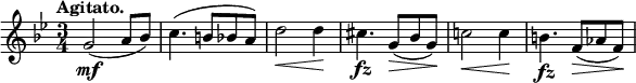
\relative c'' {
 \key g \minor \time 3/4 \set Score.tempoHideNote = ##t \tempo "Agitato." 4=130
 g2\mf( a8 bes) c4.( b8 bes a) d2\< d4\! cis4.\fz g8\> ( bes g\! ) c!2\< c4\! b4.\fz f8\> ( aes f\! )  
}
