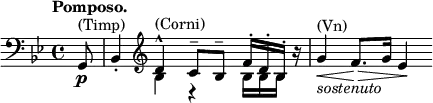
\relative c' { \key bes \major \time 4/4 \tempo "Pomposo." \partial 8
 \clef bass g,8\p ^\markup { (Timp) } bes4-. 
 \clef treble << { d'-^ ^\markup { (Corni) } c8-- bes-- f'16-.[ d-. bes-.] } \\ { bes4 r bes16[ bes bes] } >> r 
 g'4 ^\markup { (Vn) } _\markup \italic sostenuto \< f8.\> g16 es4\!
}
