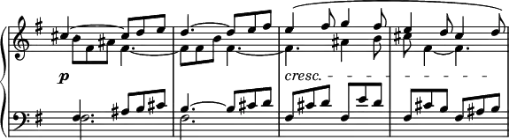 \relative c' {
\new PianoStaff <<
\new Staff \with { \remove "Time_signature_engraver" } { \key e \minor \time 6/8
<<
{
\override DynamicLineSpanner #'staff-padding = #4.0
\override DynamicLineSpanner #'Y-extent = #'(-0.0 . 0.0)
\override TextScript #'Y-extent = #'(-1.0 . 1.0)
\once \override NoteColumn #'force-hshift = #-2.0
cis'4.~\p cis8 d e d4.~ d8 e fis e4\cresc( fis8 g4 fis8 e4 d8 cis4 d8\!) }
\\
{ b8 fis ais fis4.~ fis8 fis b fis4.~ fis ais4 b8 cis8 fis,4~ fis4. }
>>
}
\new Staff \with { \remove "Time_signature_engraver" } { \key e \minor \time 6/8 \clef bass
<<
{ fis,4. ais8 b cis b4.~ b8 cis d fis, cis' d fis, e' d fis, cis' b fis ais b }
\\
{ fis2. fis2. }
>>
}
>>
}