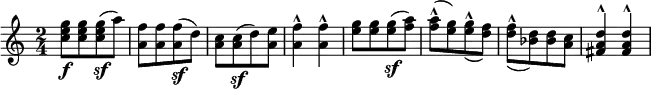 
\relative c'' {  
  \new Staff  
   { \key c \major  \time 2/4
    <g' e c>8\f[ <g e c> <g e c>\sf( a)] | <f a,>[ <f a,> <f a,>\sf( d)] | <c a>[ <c a>\sf( d) <e a,>]| <f a,>4^^ <f a,>^^ |
    <g e>8[ <g e> <g e>\sf( <a f>)] | <a f>^^_[( <g e>) <g e>^^_( <f d>)] | <f d>^^_([ <d bes>) <d bes> <c a> ]| <d a fis>4^^ <d a fis>^^ |
   }}
