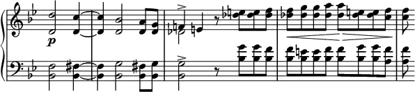 \relative c'' {
\new PianoStaff <<
\new Staff \with { \remove "Time_signature_engraver" } { \key bes \major \time 4/4 \set Score.tempoHideNote = ##t \tempo "" 4=152 \partial 2.
<<
{
<d d,>2\p <c~ d,_~>4 q <bes d,>2 <a d,>8 <g d>
f!4^> e b'8\rest \stemDown <e des>8 q <f des> <f des>\< <g des> q <a des,> q\> <e des> q <f c> q\!
}
\\
{ s2. s1 des,2 }
>>
}
\new Staff \with { \remove "Time_signature_engraver" } { \key bes \major \time 4/4 \clef bass
<f, bes,>2 <fis~ bes,~>4 q <g bes,>2 <fis bes,>8 <g bes,>
q2^> r8 <g' bes,> q <f bes,> q <e bes> q <f bes,> q <g bes,> q <f a,> q
}
>>
}