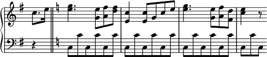 
 \relative c' {
  \new PianoStaff <<
   \new Staff \with { \remove "Time_signature_engraver" } { \key g \major \time 3/4 \partial 4
    c'8. e16 \key c \major \bar "||" <g e>4. <e g,>8 <f a,> <d f> <c e,>4 <c e,>8 g c e <g e>4. <e g,>8 <f a,> <d f,> <c e>4 r8
   }
   \new Staff \with { \remove "Time_signature_engraver" } { \key g \major \time 3/4 \clef bass \partial 4
    r4 \key c \major \bar "||" c,,8 c' c, c' c, c' | c, c' c, c' c, c' | c, c' c, c' c, c' | c,[ c' c,]
   }
  >>
 }
