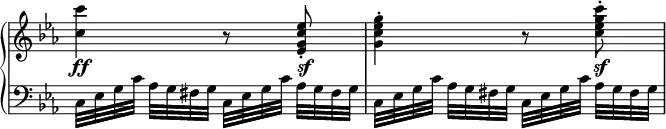 
 \relative c' {
  \new PianoStaff <<
   \new Staff \with { \remove "Time_signature_engraver" } { \key es \major \time 2/4
    <c'' c,>4 r8 <es, c g es>8-. <g es c g>4-. r8 <c g es c>-.
   }
   \new Dynamics {
    s4\ff s8 s\sf s4. s8\sf
   }
   \new Staff \with { \remove "Time_signature_engraver" } { \key es \major \time 2/4 \clef bass
    c,,,32[ es g c] aes g fis g c,[ es g c] aes g fis g
    c,[ es g c] aes g fis g c,[ es g c] aes g fis g
   }
  >>
 }
