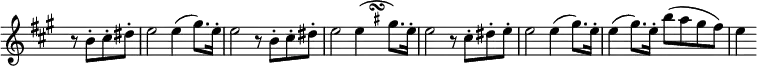 \relative c'' \new Staff \with { \remove "Time_signature_engraver" } {
\key a \major \time 4/4 \set Score.tempoHideNote = ##t \tempo "" 4=124 \partial 2
\override Score.NonMusicalPaperColumn #'line-break-permission = ##f
r8 b-. cis-. dis-. e2 e4( gis8.) e16-. e2 r8 b-. cis-. dis-.
e2 e4*1/2(
{
\once \set suggestAccidentals = ##t
\once \override AccidentalSuggestion.outside-staff-priority = ##f
\once \override AccidentalSuggestion.avoid-slur = #'inside
\once \override AccidentalSuggestion.font-size = -3
\once \override AccidentalSuggestion.script-priority = -1
\once \hideNotes
dis8\turn \noBeam
}
gis8.) e16-. e2 r8 cis-. dis-. e-.
e2 e4( gis8.) e16-. e4( gis8.) e16-. b'8( a gis fis) e4
}