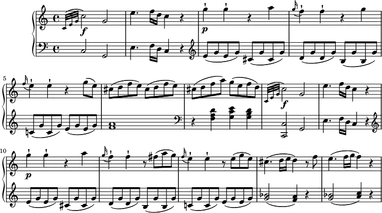 
\version "2.18.2"
\header {
  tagline = ##f
}
upper = \relative c' {
         \clef "treble" 
         \key c \major
         \time 4/4 
         \tempo "Allegro con spirito"
         \tempo 4 = 150
        \grace  {c32 ^(e g }   c2) \f   g
        e'4.  f16  d c4 r
         g'-! \p g-! r a
        \grace g16  (f4)-! f-! r g
         \grace f16  (e4)-! e-! r g8 (e)
         cis (d f e) cis (d f e)
         cis (d f a) g (e f d)
           \grace  {c,32 ^(e g }   c2) \f   g
        e'4.  f16  d c4 r
         g'-! \p g-! r a
        \grace g16  (f4)-! f-! r8 fis (a g)
         \grace f16  (e4)-! e-! r8 e (g e)
         cis4. (d16 e d4) r8 f
         e4. (f16 g f4) r
}

lower =\relative c {      
         \clef "bass" 
         \key c \major
         \time 4/4 
\set Staff.midiMinimumVolume = #0.2 
\set Staff.midiMaximumVolume = #0.4
        \grace  {s32 s s} c2 g
        e'4. f16 d c4 r \clef "treble"
        e'8 (g e g) cis, (g' cis, g')
        d (g d g) b, (g' b, g')
        c,! (g' c, g') e8 (g e g)
        <f a>1\clef "bass"
        r4 <f, a d> <g c e> <g b d>
        <c,, c'>2 g'
        e'4. f16 d c4 r \clef "treble"
        e'8 (g e g) cis, (g' cis, g')
        d (g d g) b, (g' b, g')
        c,! (g' c, g') e8 (g e g)
        <g bes>2 (<f a>4) r
         <g bes>2 _(\stemUp <a c>4) r
} 

\score {
  \new PianoStaff <<
    
    \new Staff = "upper" \upper
    \new Staff = "lower" \lower
  >>
  \layout {
    \context {
      \Score
      \remove "Metronome_mark_engraver"
    }
  }
  \midi { }
}
