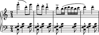 { \new PianoStaff <<
\new Staff = "RH" \relative c'''' { \clef treble \key c \major \time 2/4
g4-^( d8-.) g | f-. e-. d4^^-- | c8-.^> b16( c d c b c | d4--) d-- | }
\new Staff = "LH" \relative c' { \key c \major \time 2/4 \clef bass
<g f c>8^^ <c g f>4 <c g f>8 |<g f c>8^^ <c g f>4 <c g f>8 |<g f c>8^^ <c g f>4 <c g f>8 |<g f c>8^^ <c g f>4 <c g f>8 |}
>> }