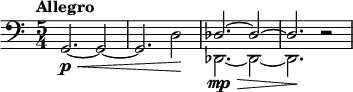 \relative c' {
\key c \major \clef bass
\time 5/4
\tempo "Allegro"
\tempo 4 = 156
g,2.\p\< ~ g2 ~
g2. d'2\!
<<
\mp\relative { \override Hairpin.to-barline = ##f des2.\> ~ des2 ~ des2.\! }
\\
\relative { des,2. ~ des2 ~ des2. }
>>
r2
}
