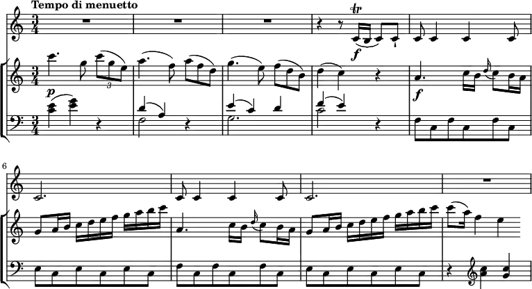 <<
\new Staff
\relative c'' {
\key c \major
\tempo "Tempo di menuetto"
\time 3/4
\tempo 4 = 110
R2.*3
r4 r8 c,16\f \trill (b c8) c-!
c8 c4 c c8 c2.
c8 c4 c c8 c2.
R2.
}
\new StaffGroup <<
\new Staff
\relative c'' {
\key c \major
\time 3/4
c'4.\p g8 \tuplet 3/2 {c8 (g e)}
a4. (f8) \scaleDurations 2/3 {a8 (f d)}
g4. (e8) \scaleDurations 2/3 {f8 (d b)}
d4 (c) r4
a4.\f c16 b \grace d16 (c8) b16 a
g8 a16 b c d e f g a b c
a,4. c16 b \grace d16 (c8) b16 a
g8 a16 b c d e f g a b c
c8 (a16) f4 e
}
\new Staff
\relative c' {
\clef "bass"
\key c \major
\time 3/4
<c e> (<e g>) r4
<< \relative { d'4 (a) } \\ \relative { f2 } >> r4
<< \relative { e'4 (c) d } \\ \relative { g2. } >>
<< \relative { f'4 (e) } \\ \relative { c'2 } >> r4
f,8 c f c f c
e c e c e c
f c f c f c
e c e c e c
r4 \clef "treble" <a'' c>4 <g c>
}
>>
>>