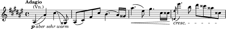 \relative c'{\key fis \major \time 4/4 \set Score.tempoHideNote = ##t \tempo "Adagio" 8=80 ais4(_\markup{\dynamic \center-align p \italic {aber sehr warm}}^\markup{(Vn.)} \glissando ais'4) cis4.( \glissando gisis,8) ais( cis) fis cis' b4.( ais16) gisis16 ais'4.(\< eis8) gis4. cis,16 cisis\! \slashedGrace <eis d,>8(\cresc eis'4.) b8 dis cisis aisis cisis,\! }