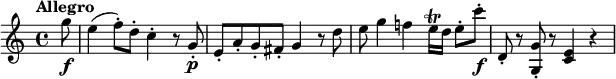 \relative g'' {\set Staff.midiInstrument = #"violin"
\key c \major \time 4/4
\tempo "Allegro"
\partial 8 g8 \f
e4( f8-.) d-. c4-. r8 g-. \p
e8-. a-. g-. fis-. g4 r8 d'
e8 g4 f! e16 \trill d e8-. c'-. \f
d,,8-. r <g g,>-. r <e c>4 r
}