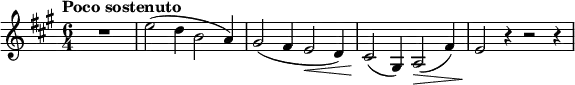 
\relative c'' {
 \set Score.tempoHideNote = ##t \tempo "Poco sostenuto" 4=62 \key a \major \time 6/4
 R1*3/2 e2( d4 b2 a4) gis2( fis4 e2\< d4)
 cis2\! ( gis4) a2\> ( fis'4) e2\! r4 r2 r4
}
