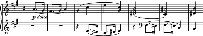 \relative c' {
\new PianoStaff <<
\new Staff \with { \remove "Time_signature_engraver" } { \key a \major \time 2/4
r4 a'8._\markup { \dynamic p \italic dolce }( gis16 fis8. gis16 a4) gis( cis e <cis gis>) <b fis dis>2( <ais e cis>) <b dis,>4
}
\new Staff \with { \remove "Time_signature_engraver" } { \key a \major \time 2/4
R2 R2 r4 e,8.( dis16 cis8. dis16 e4) r4 \clef bass fis,8.( eis16 fis8. e!16 cis4) b
}
>>
}