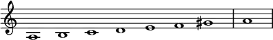 \relative c' {
\new Staff \with { \remove "Time_signature_engraver" }
{ \key a \minor \time 1/1 \cadenzaOn a1 b c d e f gis \bar "|" a \bar"|"}
}