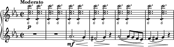 { \new PianoStaff <<
\new Staff \relative c'' { \set Staff.midiInstrument = #"string ensemble 1" \key c \minor \clef treble \time 2/2 \set Score.tempoHideNote = ##t \tempo "Moderato" 2 = 60
\times 4/6 {
<c es c'>2. \p :8
}
\times 4/6 {
<c es c'>2. :8
}
| % 2
\times 4/6 {
<c es c'>2. :8
}
\times 4/6 {
<c es c'>2. :8
}
| % 3
\times 4/6 {
<c es c'>2. :8
}
\times 4/6 {
<c es c'>2. :8
}
| % 4
\times 4/6 {
<c es c'>2. :8
}
\times 4/6 {
<c es c'>2. :8
}
| % 5
\times 4/6 {
<c es c'>2. :8
}
\times 4/6 {
<c es c'>2. :8
}
| % 6
\times 4/6 {
<c es c'>2. :8
}
\times 4/6 {
<c es c'>2. :8
}
}
\new Staff \relative as' { \set Staff.midiInstrument = #"string ensemble 1" \key c \minor \clef treble \time 2/2
R1*2 | % 3
as2. \mf \< ( g4 ) | % 4
fis2 \! \> ( g4 ) r4 \! | % 5
as2 \< ( ~ as8 g8 f8 es8 ) | % 6
f4 \! \> ( fis4 g4 ) r4 \! }
>> }
