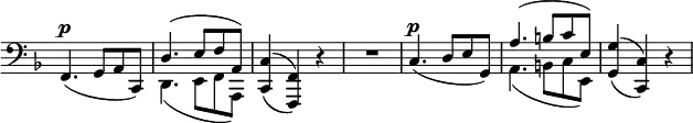 \relative c, {
\new Staff \with { \remove "Time_signature_engraver" } { \key f \major \time 3/4 \set Score.tempoHideNote = ##t \tempo "" 2=86 \clef bass
<<
{
\override MultiMeasureRest.staff-position = #0
f4.^\p _( g8 a c,) d'4.( e8 f a,) <c c,>4( _\( <f, f,>\) ) d'\rest R2.
c4.^\p _( d8 e g,) a'4.( b8 c e,) <g g,>4( _\( <c, c,> \) ) d\rest
}
\\
{ s2. d,4.( e8 f a,) s2. s s a'4.( b8 c e,) s2. }
>>
}
}