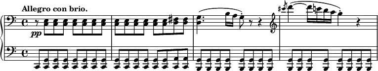 
 \relative c' {
  \new PianoStaff <<
   \new Staff { \key c \major \time 4/4 \tempo "Allegro con brio." \clef bass
    r8\pp <e, c> <e c> <e c> <e c> <e c> <e c> <e c> <e c> <e c> <e c> <e c> <e c> <e c> <fis d> <fis d> \noBreak
    <g d>4.( b16 a g8-.) r8 r4 \clef treble \slashedGrace cis''8 d4~( d16 c! b a g4-.) r
   }
   \new Staff { \key c \major \time 4/4 \clef bass
    c,,,,8 <g' c,> <g c,> <g c,> <g c,> <g c,> <g c,> <g c,> <g c,> <g c,> <g c,> <g c,> <g c,> <g c,> <a c,> <a c,> \noBreak
    <g b,> <g b,> <g b,> <g b,> <g b,> <g b,> <g b,> <g b,> <g b,> <g b,> <g b,> <g b,> <g b,> <g b,> <g b,> <g b,> \noBreak
   }
  >>
 }
