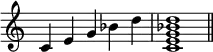 {\omit Staff.TimeSignature \time 5/4 c'4e'g'bes'd'' \time 4/4 <c'e'g'bes'd''>1 \bar "||"}
