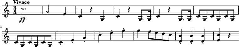 \version "2.18.2"
\relative c'' {
\key c \major
\time 3/4
\tempo "Vivace "
\tempo 4 = 165
c2. \ff
g2 e4
c r g
c r g8. g16
c4 r g8. g16
c8 g c g c g\break
c g c g c g
c4-. e-. g-.
c-. e-. g-.
g f8 e d c
<d, b'>4-. <d b'>-. <d b'>-.
<e c'> r
}