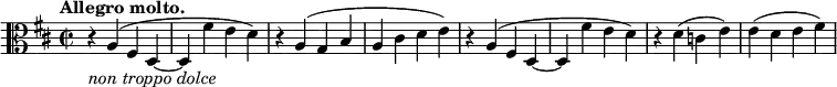 \relative c' { \key d \major \time 2/2 \tempo "Allegro molto." \clef C
r4_\markup{ \italic { non troppo dolce } } a( fis d~ d fis' e d) r a( g b a cis d e)
r a,( fis d~ d fis' e d) r d( c e) e( d e fis) }