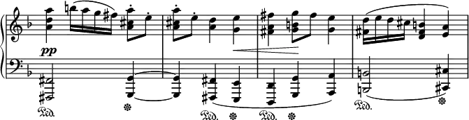 
\relative c''' {
 \new PianoStaff <<
  \new Staff \with { \remove "Time_signature_engraver" } {
   \key f \major \time 3/4 \set Score.tempoHideNote = ##t \tempo "" 4=120
   <a d, a>4 b16( a g fis) <a cis, a>8-. e-.
   <a cis, a>-. e-. <d a>4) <e g,> <fis a, fis> <g b, g>8 fis <e g,>4)
   <d fis,>16( e d cis <b fis d>4 <a e>)
  }
  \new Dynamics {
   s4\pp s s s2 s4\< s s\! s
  }
  \new Staff \with { \remove "Time_signature_engraver" } {
   \key f \major \time 3/4 \clef bass
   <fis,, fis,>2\sustainOn <g g,>4\sustainOff ~ q <fis fis,>\sustainOn ( <e e,>\sustainOff
   <d d,>\sustainOn <g g,>\sustainOff <a a,>) <b b,>2\sustainOn ( <cis cis,>4\sustainOff )
  }
 >>
}
