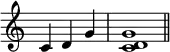 {\omit Staff.TimeSignature \time 3/4 c'4d'g' \time 4/4 <c'd'g'>1 \bar "||"}