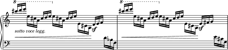 
\relative c'''' {
  \new PianoStaff <<
   \new Staff = "R"
   \with { \remove "Time_signature_engraver" }
   { \key a \minor \time 4/4 \set Score.tempoHideNote = ##t \tempo "" 4=100
    \ottava #1 \stemUp cis16*2/3_\markup { \italic { sotto voce legg. } } \< [ d e] \stemDown e, cis a
    \stemUp cis[ d e] \ottava #0 \stemDown e, cis a
    \stemUp cis[ d e] \stemDown e, cis a\!
    \stemUp d_\sf [ e f] s8
    \ottava #1 \stemUp cis'''16*2/3\< [ d e] \stemDown e, cis a
    \stemUp cis[ d e] \ottava #0 \stemDown e, cis a
    \stemUp cis[ d e] \stemDown e, cis a\!
    \stemUp e'\sf fis g s8
   }
   \new Staff \with { \remove "Time_signature_engraver" } { \key a \minor \time 4/4 \clef bass
    s2.. d16*2/3 bes f s2.. e'16*2/3 cis g
   }
  >>
 }
