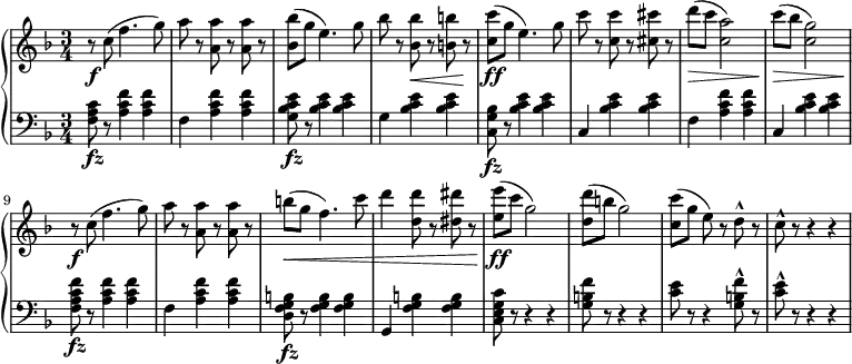 
 \relative c' {
  \new PianoStaff <<
   \new Staff { \key d \minor \time 3/4
    \set Score.tempoHideNote = ##t
     \tempo "" 2. = 64
      r8\f c'( f4. g8) a r <a a,> r <a a,> r <bes bes,>( g e4.) g8 bes r <bes bes,>\< r <b b,> r\! <c c,>\ff( g e4.) g8 c r <c c,> r <cis cis,> r d\>( c <a c,>2) c8\>( bes <g c,>2) r8\f c,( f4. g8) a r <a a,> r <a a,> r b\<( g f4.) c'8 d4 <d d,>8 r <dis dis,>8 r <e e,>8\ff( c g2) <d' d,>8( b g2) <c c,>8[( g] e) r d-^ r c-^ r r4 r
   }
   \new Staff { \key d \minor \time 3/4 \clef bass
      <f,, a c>8\fz r <a c f>4 <a c f> f <a c f> <a c f> <g bes c e>8\fz r <bes c e>4 <bes c e> g4 <bes c e> <bes c e> <c, g' bes>8\fz r <bes' c e>4 <bes c e> c, <bes' c e> <bes c e> f <a c f> <a c f> c, <bes' c e> <bes c e> <f a c f>8\fz r <a c f>4 <a c f> f <a c f> <a c f> <d, f g b>8\fz r <f g b>4 <f g b> g, <f' g b> <f g b> <c e g c>8 r r4 r <g' b f'>8 r r4 r <c e>8 r r4 <g b f'>8-^ r <c e>8-^ r r4 r
   }
  >>
 }
