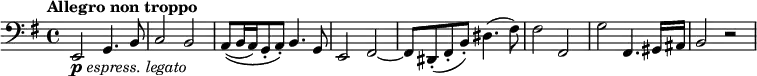 \relative c, {
\tempo "Allegro non troppo"
\key e \minor
\clef "bass"
e2-\markup{\dynamic "p" \italic "espress. legato"} g4. b8 | c2 b | a8[\(( b16 a) g8-. a-.]\) b4. g8 | e2 fis~ |
fis8 dis-.( fis-. b-.) dis4.( fis8) | fis2 fis, | g' fis,4. gis16 ais | b2 r |
}