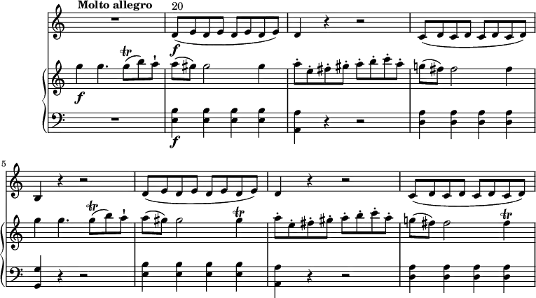 \header {
tagline = ##f
}
upper = \relative c'' {
\key c \major
\time 2/2
\omit Staff.TimeSignature
\tempo 4 = 170
\set Staff.midiMinimumVolume = #0.2 \set Staff.midiMaximumVolume = #0.5
g'4\f g4. g8\trill (b) a-!
a (gis) gis2 gis4
a8-. e-. fis-. gis-. a-.b-. c-. a-.
g! (fis) fis2 fis4
g4 g4. g8\trill (b) a-!
a (gis) gis2 gis4\trill
a8-. e-. fis-. gis-. a-.b-. c-. a-.
g! (fis) fis2 fis4\trill
}
lower = \relative c {
\clef bass
\key c \major
\time 2/2
\omit Staff.TimeSignature
R1 <e b'>4\f <e b'> <e b'> <e b'>
<a, a'> r r2
<d a'>4 <d a'> <d a'> <d a'>
<g, g'> r r2
<e' b'>4 <e b'> <e b'> <e b'>
<a, a'> r r2
<d a'>4 <d a'> <d a'> <d a'>
}
vl = \relative c' {
\key c \major
\time 2/2
\omit Staff.TimeSignature
R1^ \markup \bold {{"Molto allegro"}}
d8\f ^ \markup{ 20} (e d e d e d e)
d4 r r2
c8 (d c d c d c d)
b4 r r2
d8 (e d e d e d e)
d4 r r2
c8 (d c d c d c d)
}
\score {
\new GrandStaff <<
\new PianoStaff <<
\new Staff = "upper" \upper
\new Staff = "lower" \lower
\set Staff.midiMinimumVolume = #0.2 \set Staff.midiMaximumVolume = #0.5
>>
\new Staff = "vl" \vl
>>
\layout {
\context {
\Score
\remove "Metronome_mark_engraver"
}
}
\midi { }
}