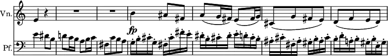 
<<
 \relative c' \new Staff
 \with { instrumentName = "Vn." } \with { \remove "Time_signature_engraver" } {
 \key a \minor \time 2/4 \set Score.tempoHideNote = ##t \tempo "" 4=96
  \override Score.NonMusicalPaperColumn #'line-break-permission = ##f
  e4 r R2 R b'4\fp ais8 fis a( g16 fis) e8( fis16 g)
  cis,8( [ g' fis e] ) d( [ f e d] )
 }
 \relative c \new Staff
 \with { instrumentName = "Pf." } \with { \remove "Time_signature_engraver" } {
  \key a \minor \time 2/4 \clef bass 
  e'4 dis8 b d!8 c16 b a8 b16 c fis,8[ c' b a]
  g16-. b-. cis-. g-. fis-. cis'-. fis-. e-. dis-. b-. cis-. dis-. e-. d-. cis-. b-.
  ais-. cis-. fis,-. ais-. gis-. b-. ais-. cis-. b-. d-. a!-. b-. gis-. b-. e,-. gis-.
 }
>>
