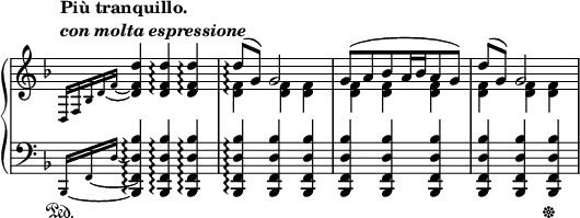 
\relative c {
 \new PianoStaff <<
  \new Staff
  \with {\consists "Span_arpeggio_engraver"}
  \with { \remove "Time_signature_engraver" }
  { \key d \minor \time 3/4 \set Score.tempoHideNote = ##t
    \tempo \markup {
     \column {
      \line { Più tranquillo. }
      \line { \italic { con molta espressione } } 
     }
    } 4=85
    \set Staff.connectArpeggios = ##t
    <<
     {
      \set tieWaitForNote = ##t
      \grace { d16 f bes d~ f_~ } <d' f, d>4 q\arpeggio q\arpeggio
      d8\arpeggio ( g,) g2 g8( [ a bes a16 bes a8 g] ) d'( g,) g2
     }
    \\
     { s2. <f d>4\arpeggio q q q q q q q q }
    >>
   } 
   \new Staff \with { \remove "Time_signature_engraver" } { \key d \minor \time 3/4 \clef bass
    \set tieWaitForNote = ##t
    \grace { bes,,,16~[ \sustainOn s f'~ s d'_~] } <bes' d, f, bes,>4\arpeggio q\arpeggio q\arpeggio q\arpeggio q q q q q q q q\sustainOff
   }
  >>
 }
