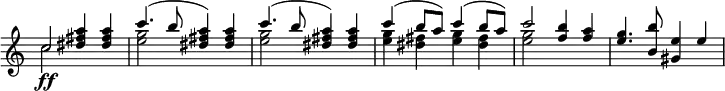 \relative c'' \new Staff \with { \remove "Time_signature_engraver" } { \key a \minor \time 2/2 \set Score.tempoHideNote = ##t \tempo "" 4=165
<<
{
c2\ff <a' fis dis>4 q c4.( b8 <a fis dis>4) q c4.( b8 <a fis dis>4) q
c4( b8 a) c4( b8 a) c2( <b f>4 <a f> <g e>4.( <b b,>8 <e, gis,>4 e
}
\\
{ c2 s <g' e> s <g e> s <g e>4 <fis dis> <g e> <fis dis> <g e>2 s }
>>
}