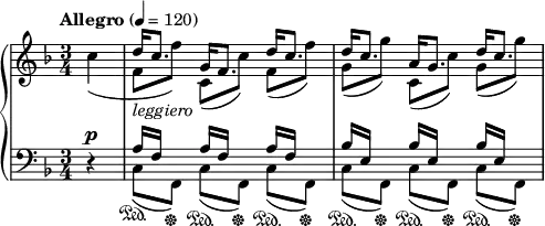 
\new PianoStaff <<
\new Staff = "Up" <<
\new Voice \relative c' {
\clef treble
\tempo "Allegro" 4=120
\key f \major
\time 3/4
\partial 4
\stemDown 
c'4 _(f,8_\markup{\italic leggiero} [f']) c,_([c']) f,_(f') g,_([g']) c,,_([c']) g_(g')
}
\new Voice \relative c'{
\stemUp
s4 d'16 c8. g16 f8. d'16 c8. d16 c8. a16 g8. d'16 c8.
}
>>
\new Staff = "Down" <<
\new Voice \relative c{
\clef bass
\key f \major
\stemDown \dynamicUp
r4 \p c8 \sustainOn_([f, \sustainOff]) c' \sustainOn_([f, \sustainOff]) c' \sustainOn_([f, \sustainOff]) c' \sustainOn_([f, \sustainOff]) c' \sustainOn_([f, \sustainOff]) c' \sustainOn_([f, \sustainOff])
}
\new Voice \relative c{
\stemUp
s4 a'16 [f] s8 a16 [f] s8 a16 [f] s8 bes16 [e,] s8 bes'16 [e,] s8 bes'16 [e,]
}
>>
>>

