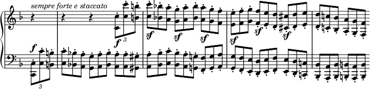 \relative c' {
\new PianoStaff <<
\new Staff \with { \remove "Time_signature_engraver" } { \key f \major \time 3/4 \partial 4
r4^\markup { \italic { sempre forte e staccato } } r r \times 2/3 { <c' c,>8-.\f <c' c,>-. <b b,>-. } <c c,>8*2/3-.\sf <bes! bes,!>-. <a a,>-. <g g,>-.\sf <a a,>-. <bes bes,>-. <a a,>-.\sf <g g,>-. <f f,>-.
<e e,>-.\sf <f f,>-. <g g,>-. <f f,>-.\sf <e e,>-. <d d,>-. <cis cis,>-.\sf <d d,>-. <e e,>-. <d d,>-. <c! c,!>-. <bes bes,>-. <a a,>-. <g g,>-. <f f,>-.
}
\new Staff \with { \remove "Time_signature_engraver" } { \key f \major \time 3/4 \partial 4 \clef bass
\once \stemDown \times 2/3 { <c, c,>8-.^\f <c' c,>-. <b b,>-. } <c c,>8*2/3-. <bes! bes,!>-. <a a,>-. <g g,>-. <a a,>-. <bes bes,>-. <a a,>-. <a a,>-. <gis gis,>-.
<a a,>-. <bes bes,>-. <c c,>-. <bes bes,>-. <a a,>-. <g! g,!>-. <f f,>-. <g g,>-. <a a,>-. <g g,>-. <f f,>-. <e e,>-. <d d,>-. <e e,>-. <f f,>-. <e e,>-. <d d,>-. <c! c,!>-.
<bes bes,>-. <a a,>-. <bes bes,>-. <b b,>-. <a a,>-. <b b,>-.
}
>>
}