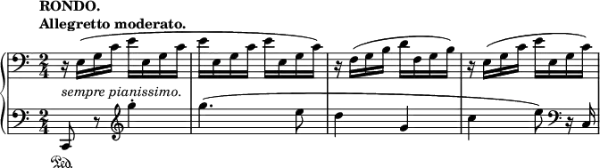 
 \relative c' {
  \new PianoStaff <<
   \new Staff { \key c \major \time 2/4 \clef bass
    \tempo \markup {
     \column {
      \line { RONDO. }
      \line { Allegretto moderato. }
     }
    }
    r16 e,( g c e e, g c e e, g c e e, g c) r f,( g b d f, g b) r e,( g c e e, g c)
   }
   \new Dynamics {
    s1_\markup { \italic { sempre pianissimo. } }
   }
   \new Staff { \key c \major \time 2/4 \clef bass
    c,,8\sustainOn r \clef treble g''''4-. g4.( e8 d4 g, c e8) \clef bass r16 c,,
   }
  >>
 }
