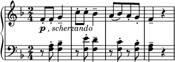 
 { \new PianoStaff <<
    \new Staff = "RH" \relative c' { \clef treble \key f \major  \time 2/4
      f8-\markup { \dynamic p \italic { , scherzando}}-. f-. g4-- | c8-. c-. bes4-- |
      a8([ bes) a-. g-. ] | f4-- r |  }
    \new Staff = "LH" \relative c' { \clef bass \key f \major  \time 2/4 
       r8 <a f>-. <bes f>4-- | r8 <e f,>-. <d f,>4-- | r8 <c f,>-. r <bes f>-. | <a f>4-- r |} 
   >> }
